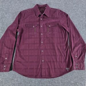 Guess Mens Burgundy Grid Pattern Button Down Shirt Long Sleeve Size Large